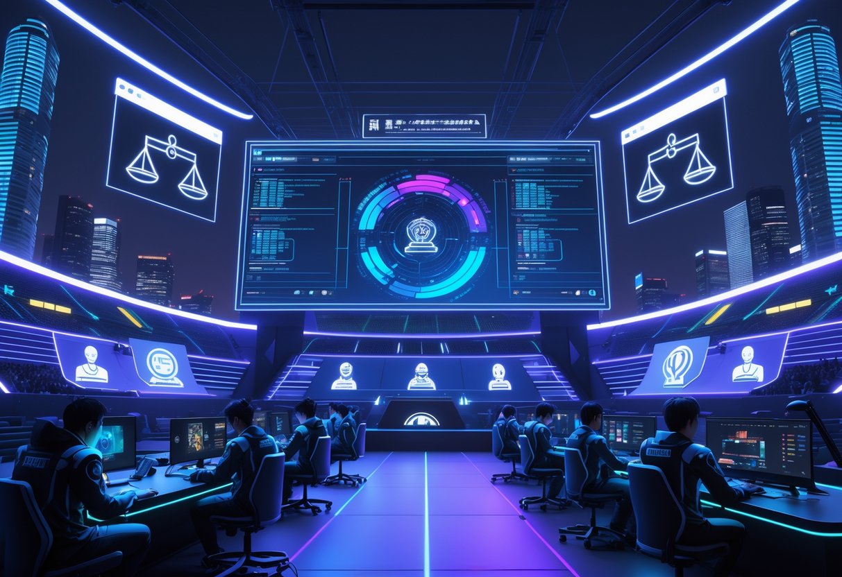 A futuristic Japanese esports arena at night with players competing, surrounded by holographic legal symbols and a city skyline.