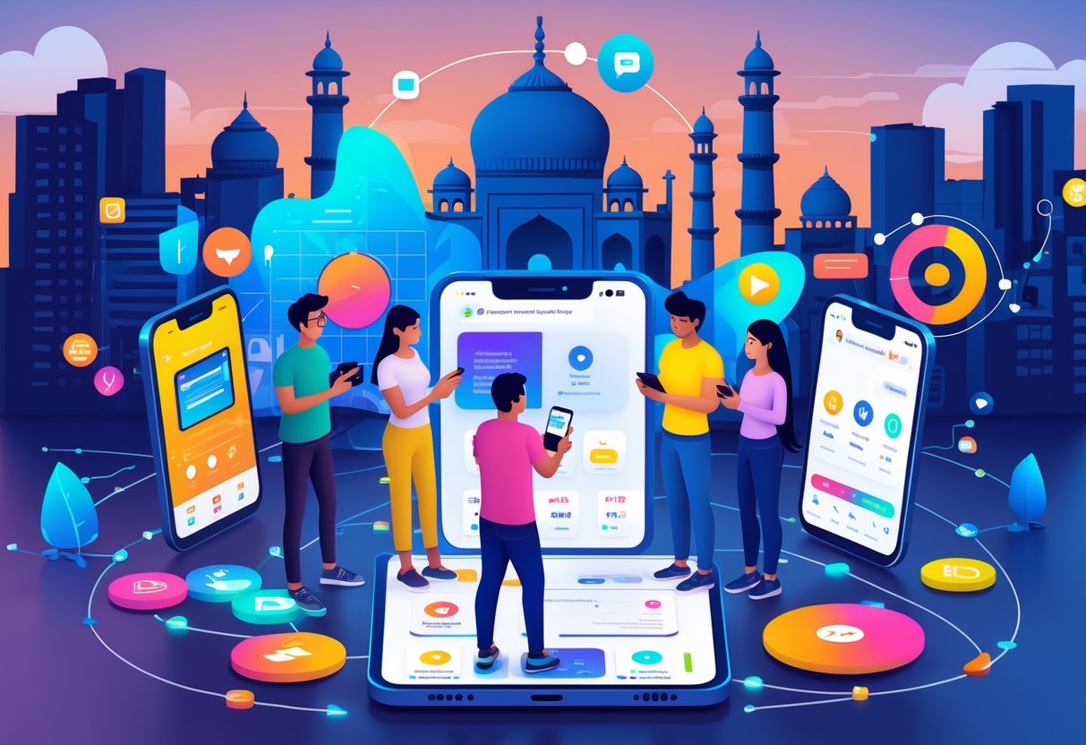 A city scene in India showing diverse people using mobile devices with digital data visuals floating around them.
