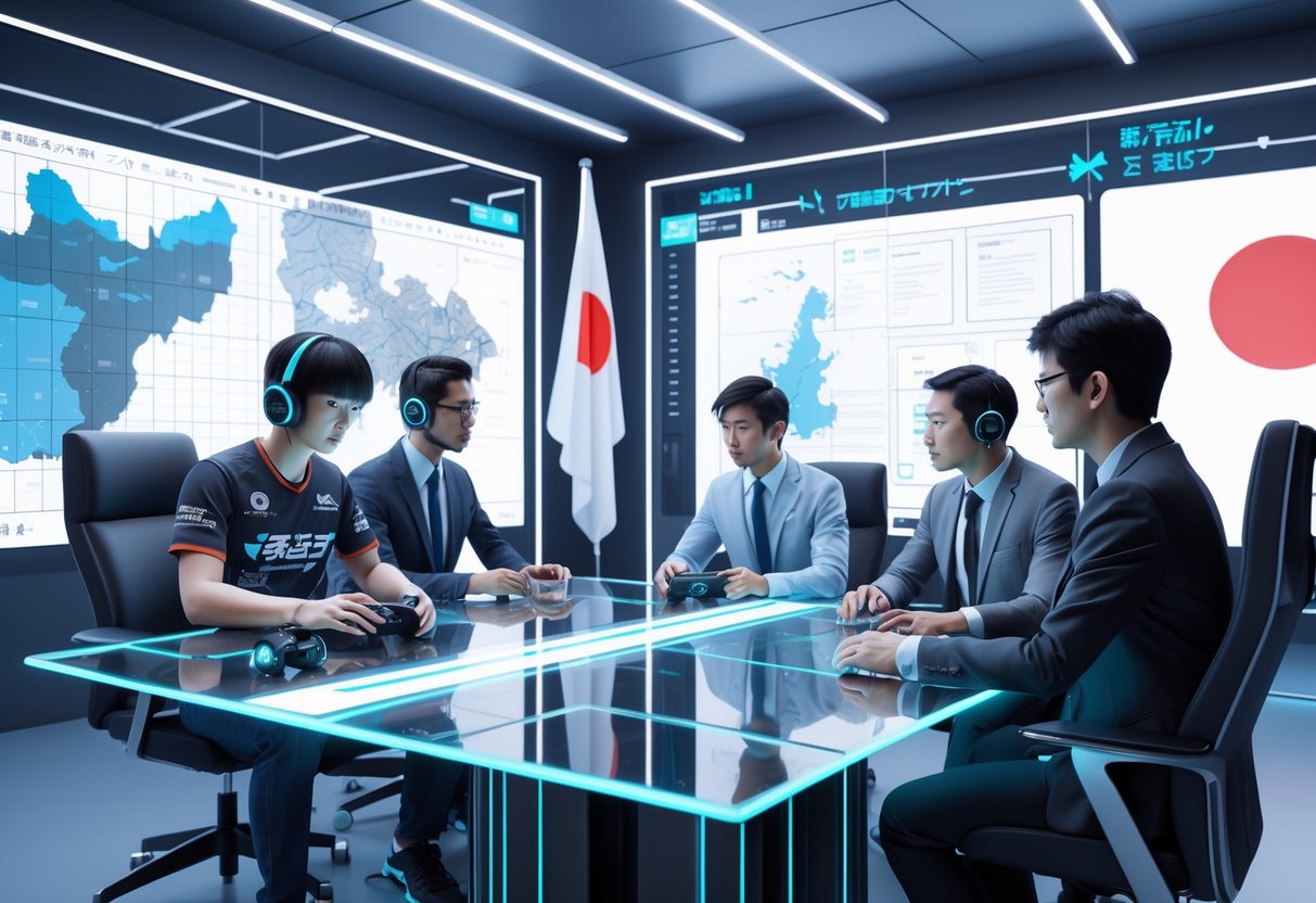 A group of people discussing esports and legal matters in a modern office with digital screens showing data and gaming icons.