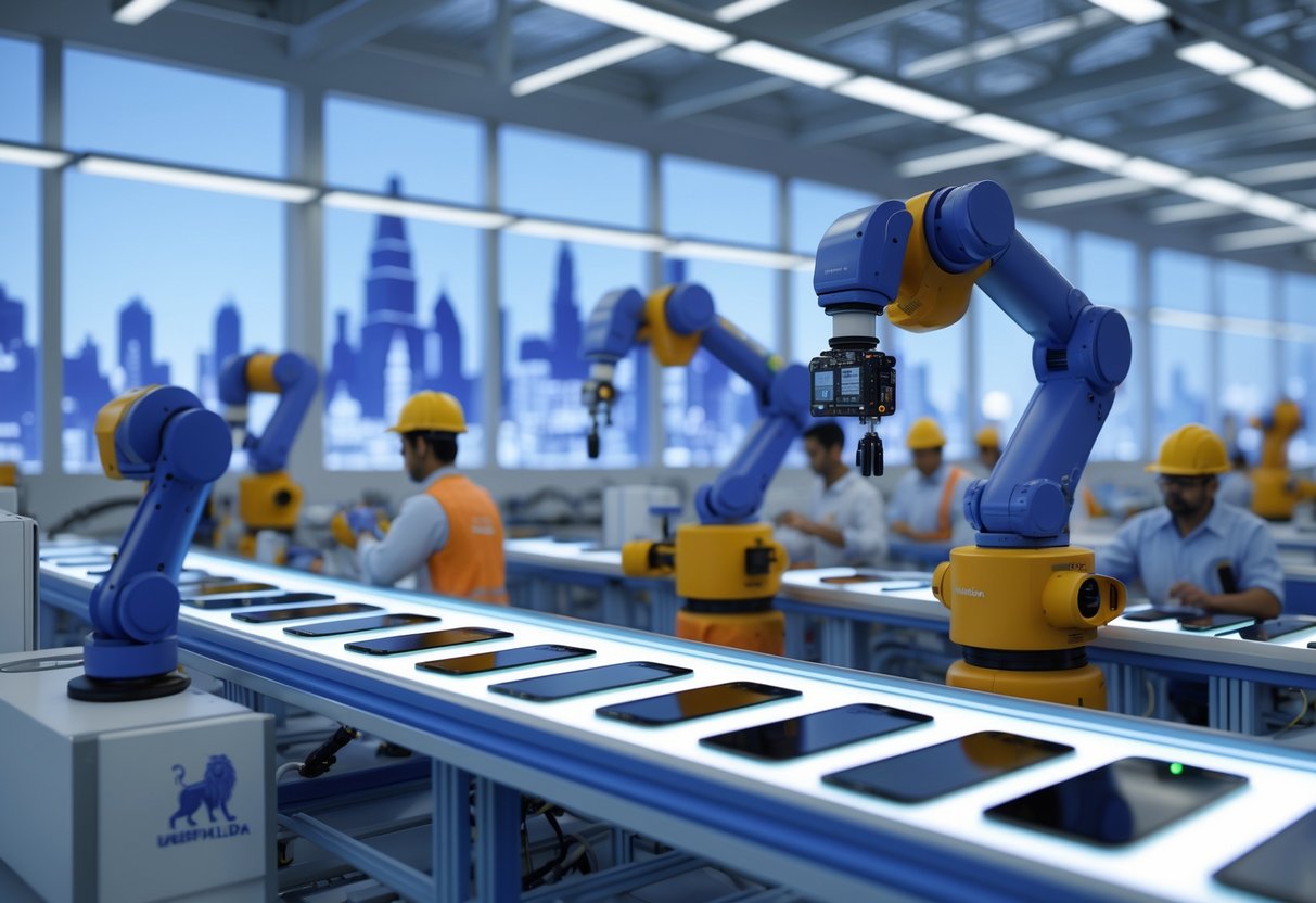 A 3D rendering of a mobile phone factory in India with robotic arms assembling smartphones and engineers working in a modern production environment.