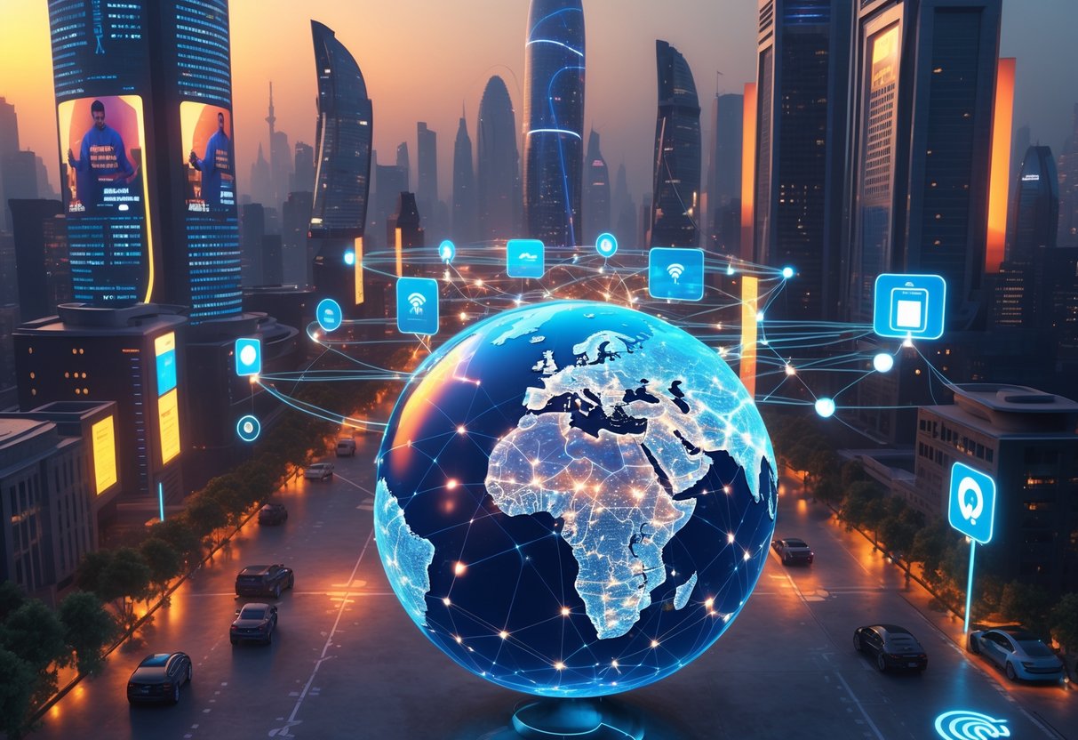 A 3D scene of a futuristic Indian city with people using mobile devices and digital connections highlighting India's mobile network.