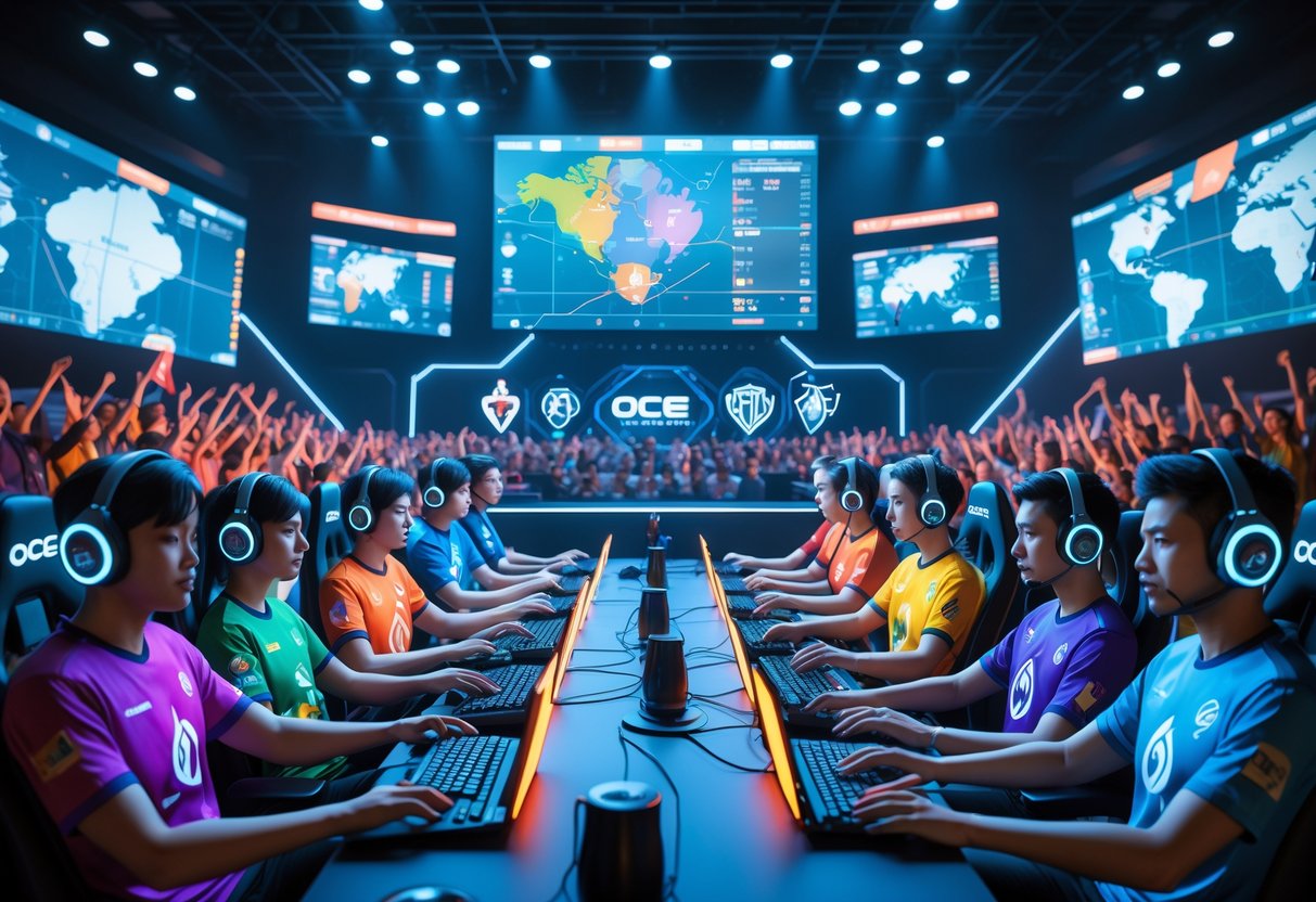 A group of esports players competing in a futuristic gaming arena with cheering fans and holographic displays.