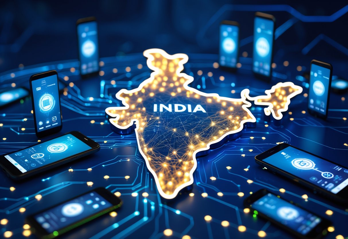 A 3D digital map of India with floating smartphones and glowing data connections representing mobile network dominance.