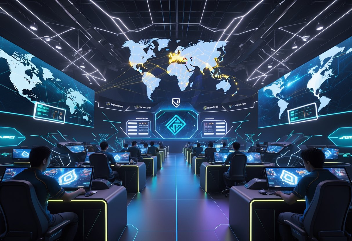 A futuristic esports arena with players competing on high-tech gaming setups and holographic displays showing maps and player stats, with a glowing global map highlighting connections around the world.