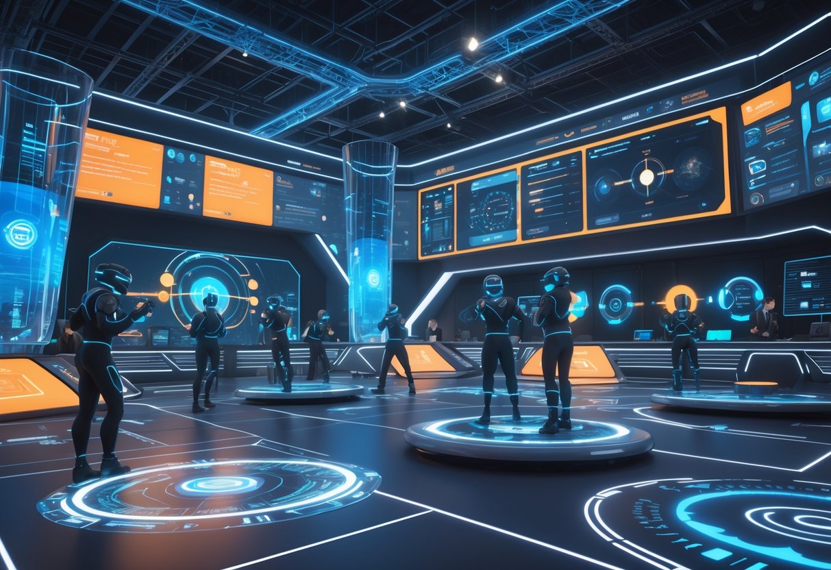 A futuristic competition arena with digital avatars engaging in various challenges, surrounded by holographic displays and high-tech equipment.