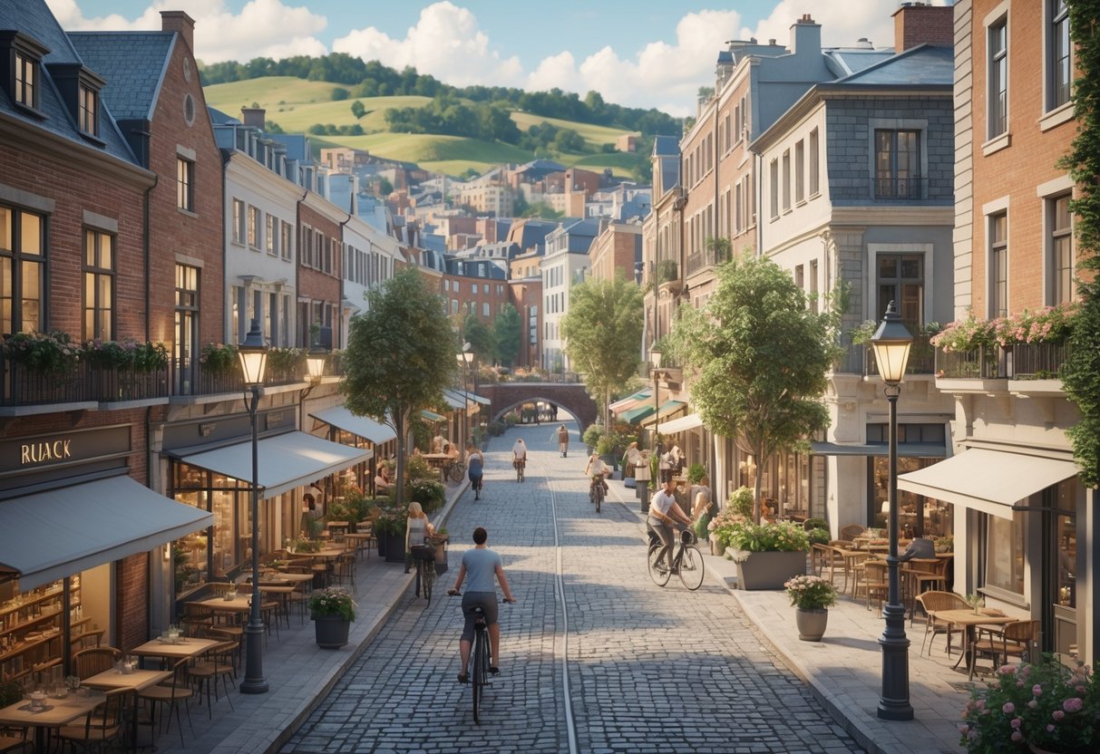A lively European city with mid-rise buildings, cobblestone streets, people walking and cycling, small shops and cafes, a river with a bridge, trees, and hills in the background.