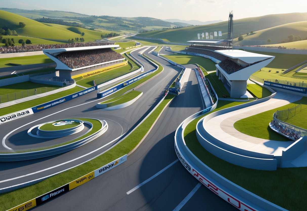 A detailed view of a European racing circuit with a race track, grandstands, pit lanes, and surrounding green hills under a clear sky.