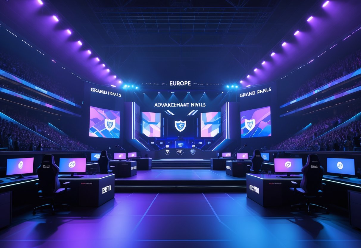 A large indoor esports arena filled with a lively crowd watching a grand final competition on a brightly lit stage with multiple screens and gaming setups.