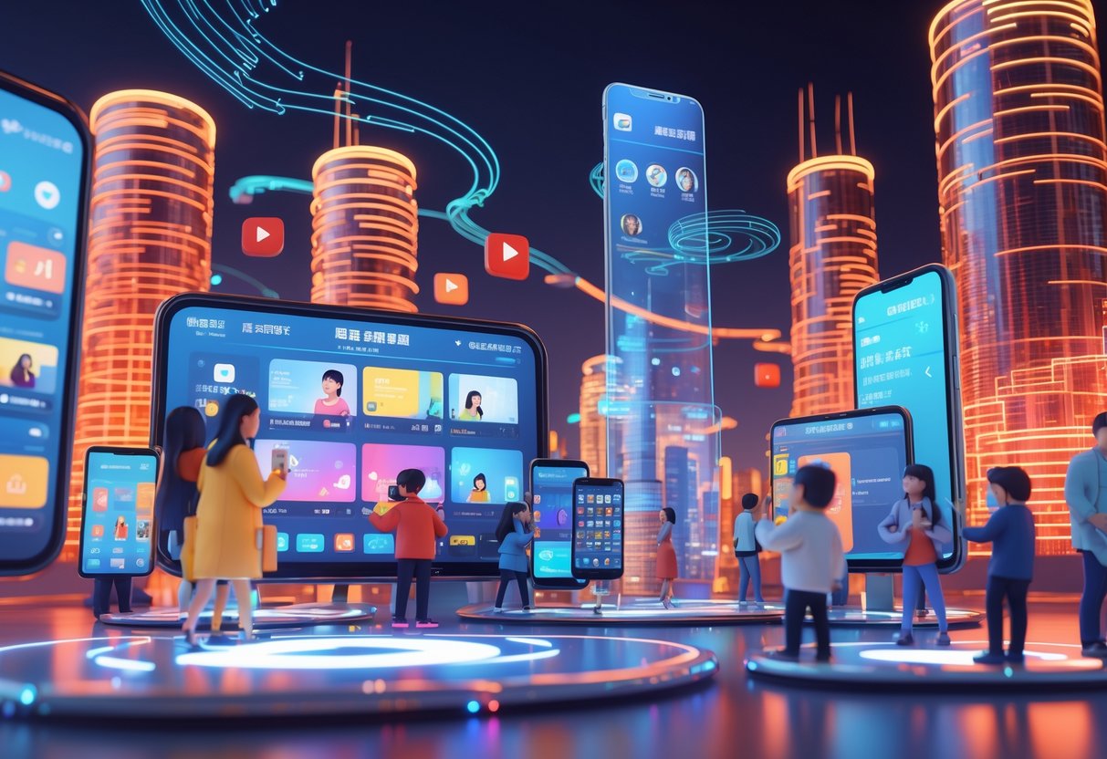 A futuristic digital cityscape with holographic screens and people using devices to watch short-form and social videos.