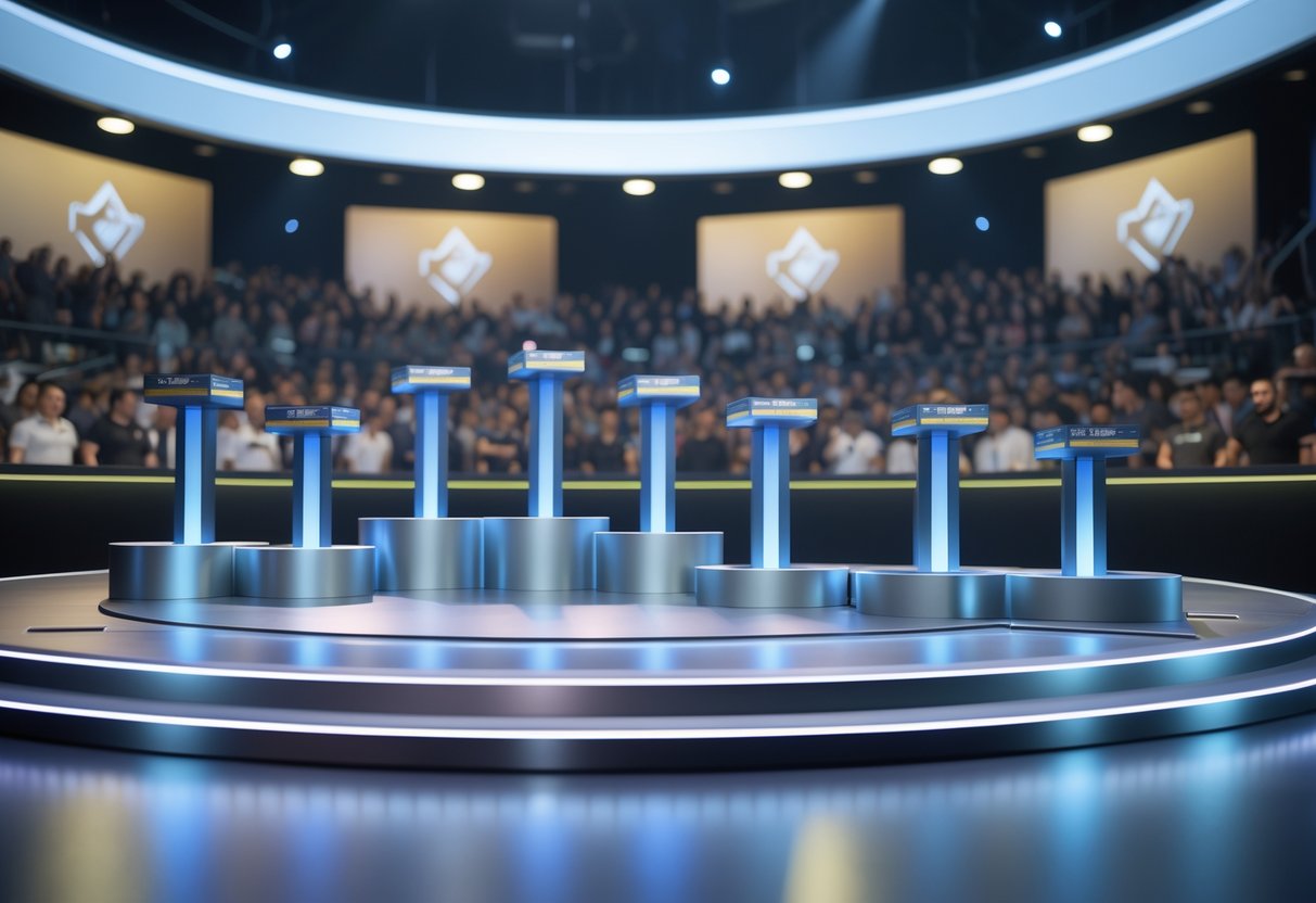 A 3D scene showing a tiered prize podium on a stage with European-themed decorations and a blurred crowd in the background.