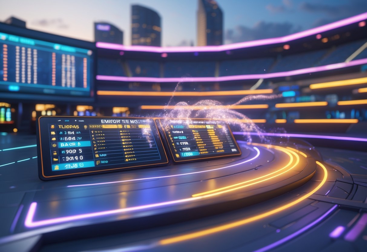 A 3D scene showing a digital leaderboard and tiered platforms in a European city environment, representing a competitive points system.