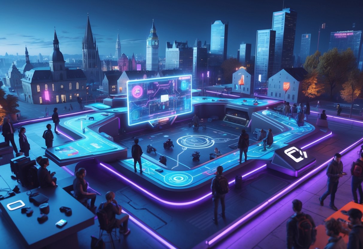 A vibrant European city scene with a futuristic esports arena surrounded by people engaged in gaming and technology activities, set against a skyline featuring a mix of modern and historic buildings.