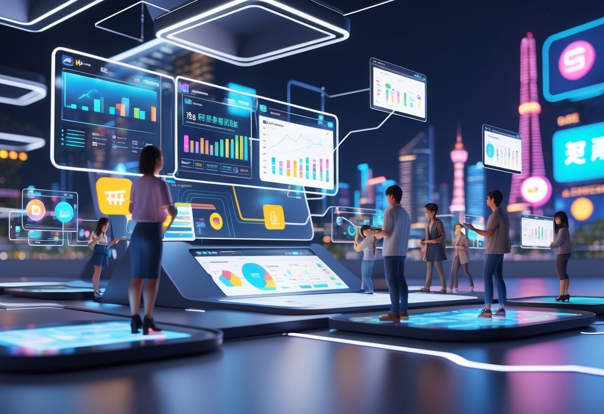 A futuristic digital marketplace showing holographic screens with sales data and avatars interacting in a high-tech city environment.