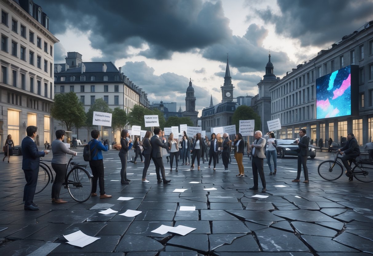 A busy city square in a European town with people discussing and protesting, surrounded by a mix of modern and historic buildings under a cloudy sky.