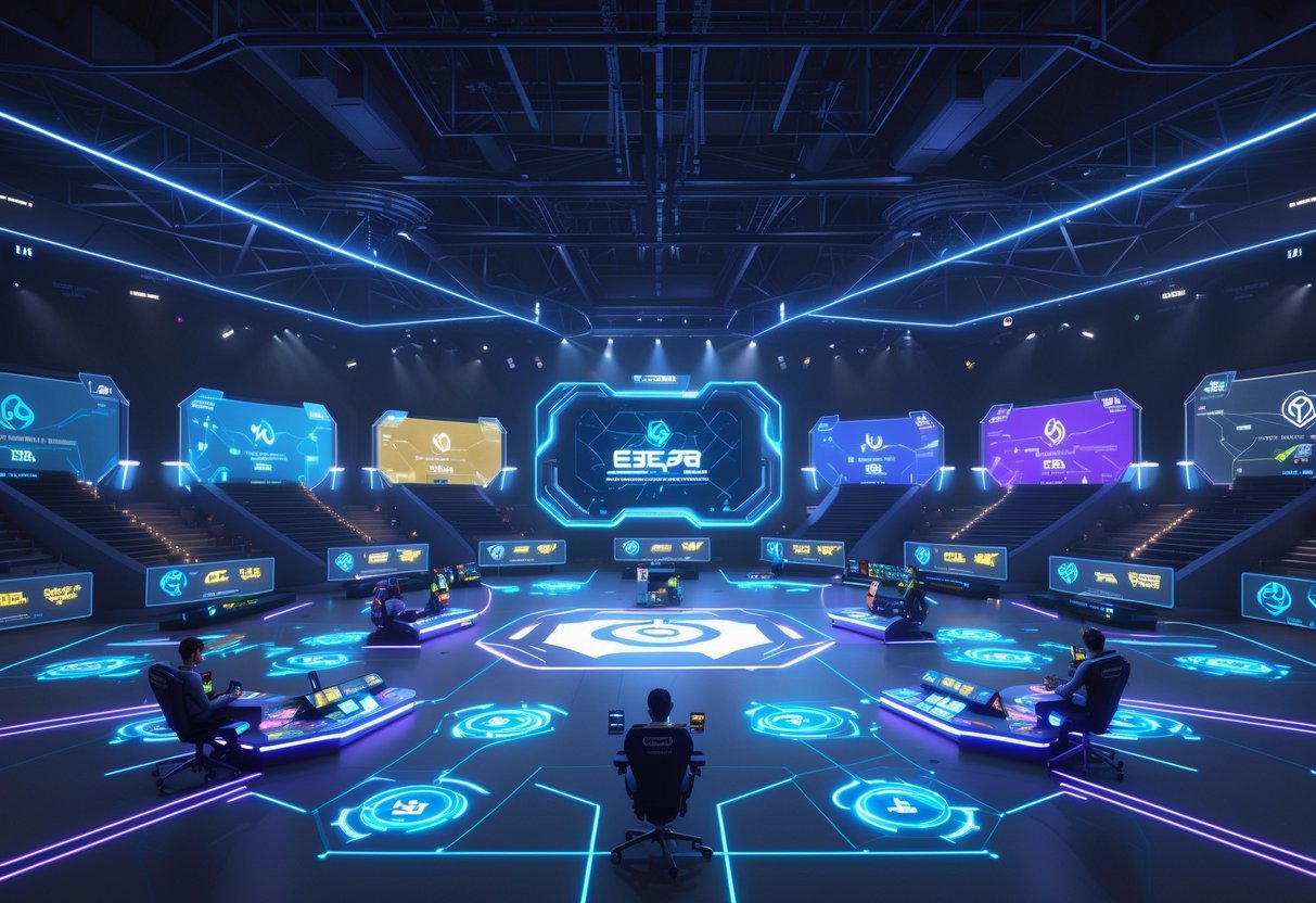 A 3D scene showing a busy esports arena with players competing, surrounded by digital displays and a European city skyline in the background.