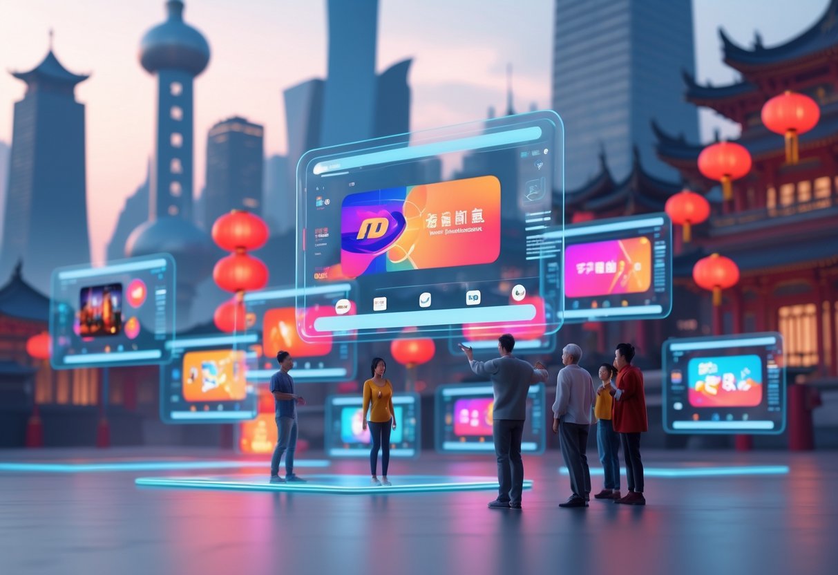A futuristic cityscape with holographic screens showing various types of streaming content and diverse people interacting with them.