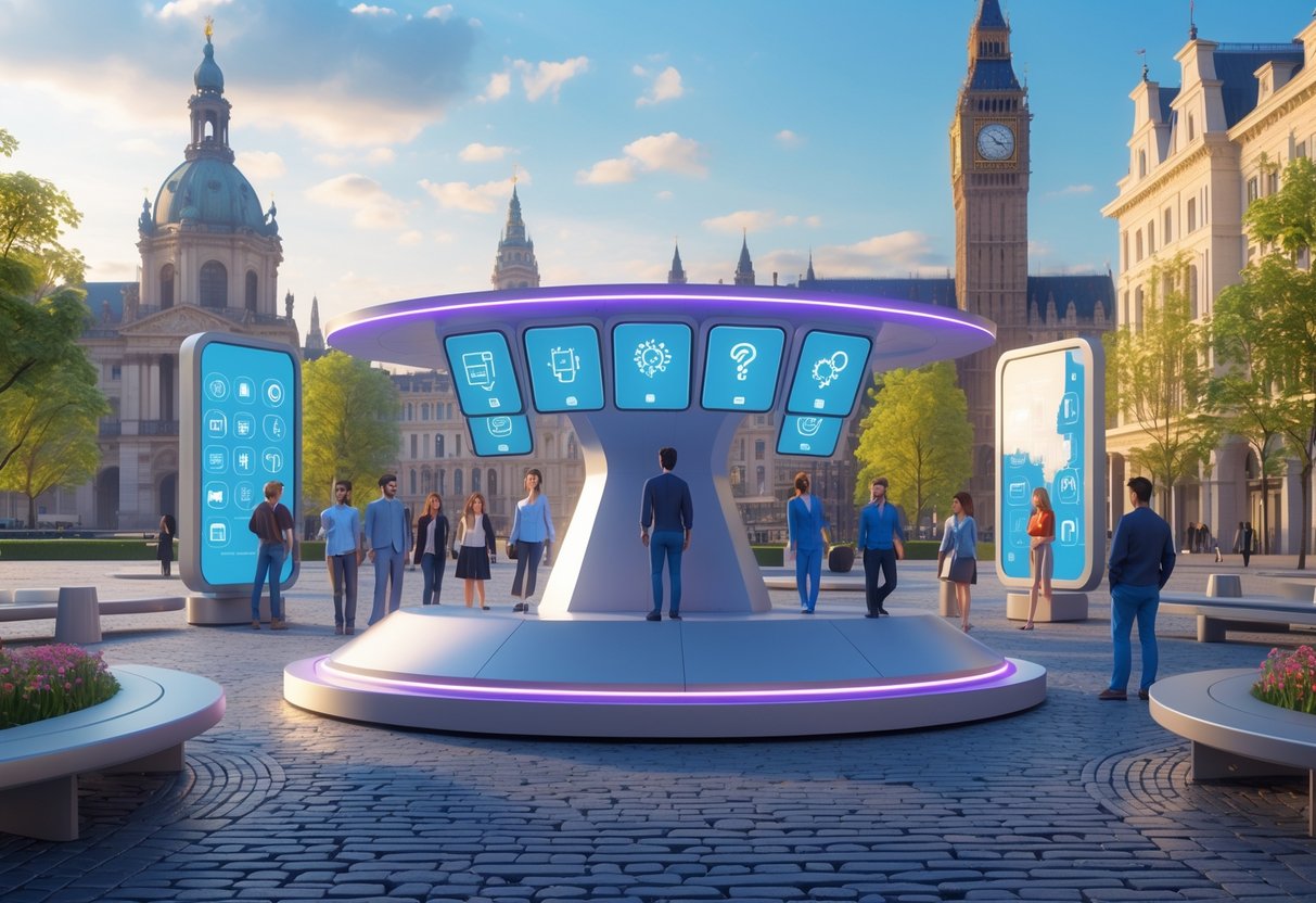 A futuristic European city square with a central holographic information hub surrounded by diverse people interacting with floating digital panels, featuring iconic European landmarks in the background.