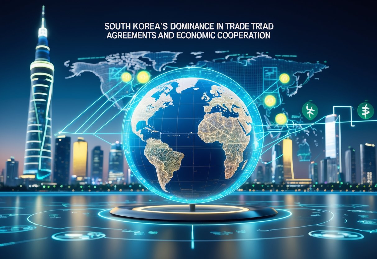 A 3D scene showing a modern city skyline with a glowing globe highlighting South Korea and connected trade routes to other countries, surrounded by digital economic symbols.