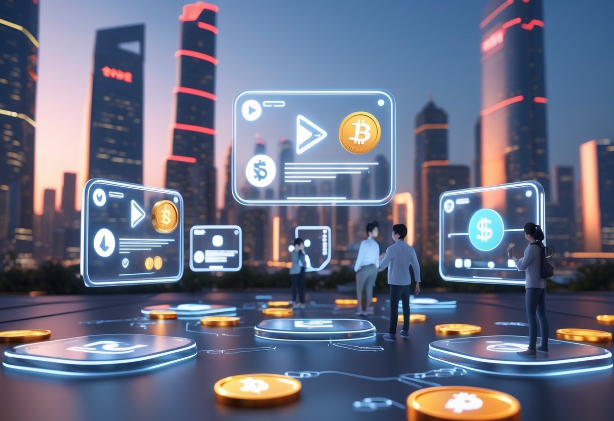 A futuristic cityscape at dusk with floating holographic screens showing streaming and currency symbols, and people interacting with digital interfaces representing online monetisation.