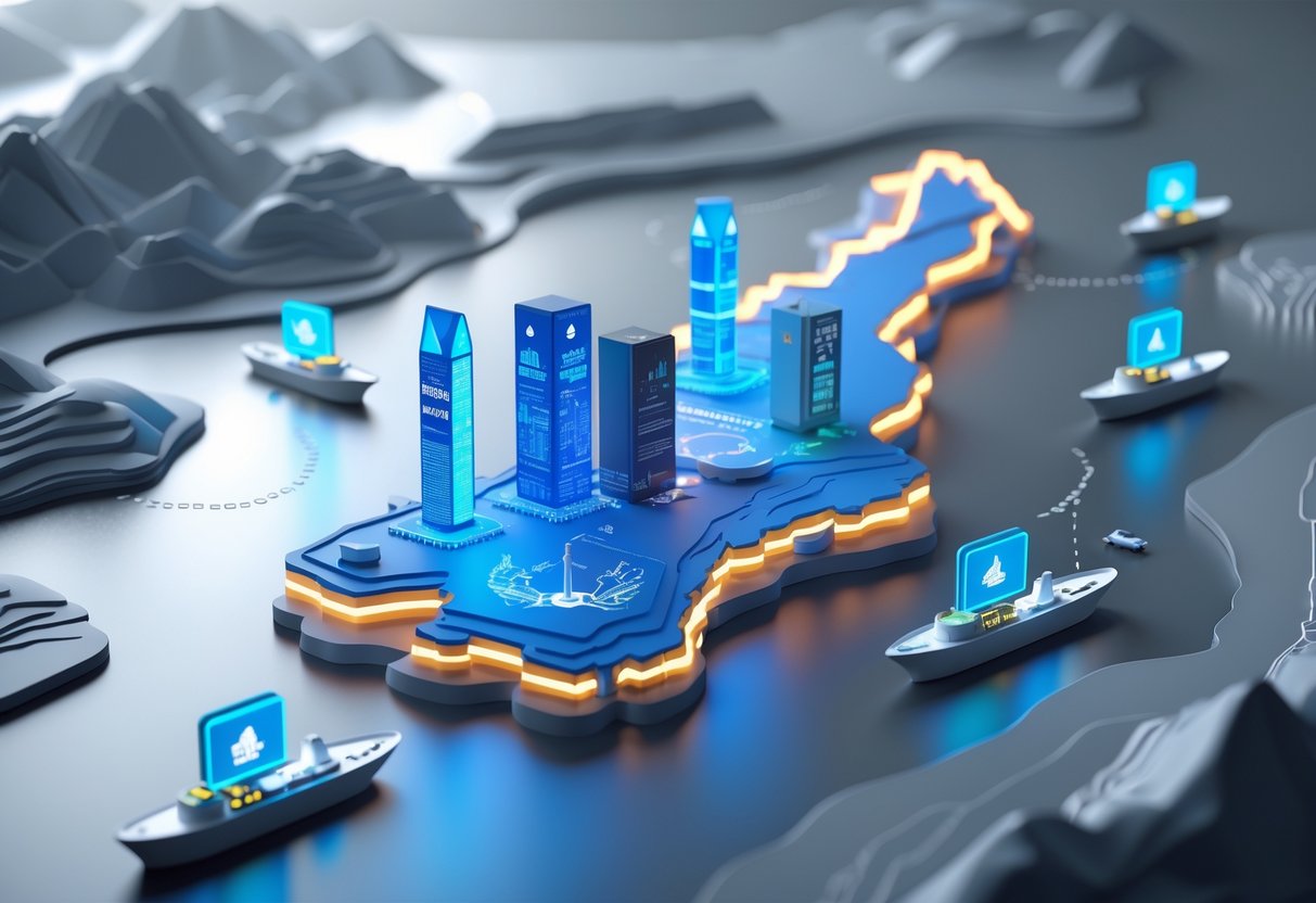 3D map of the Korean Peninsula highlighting South Korea with symbols of technology, military, economy, and culture around it.