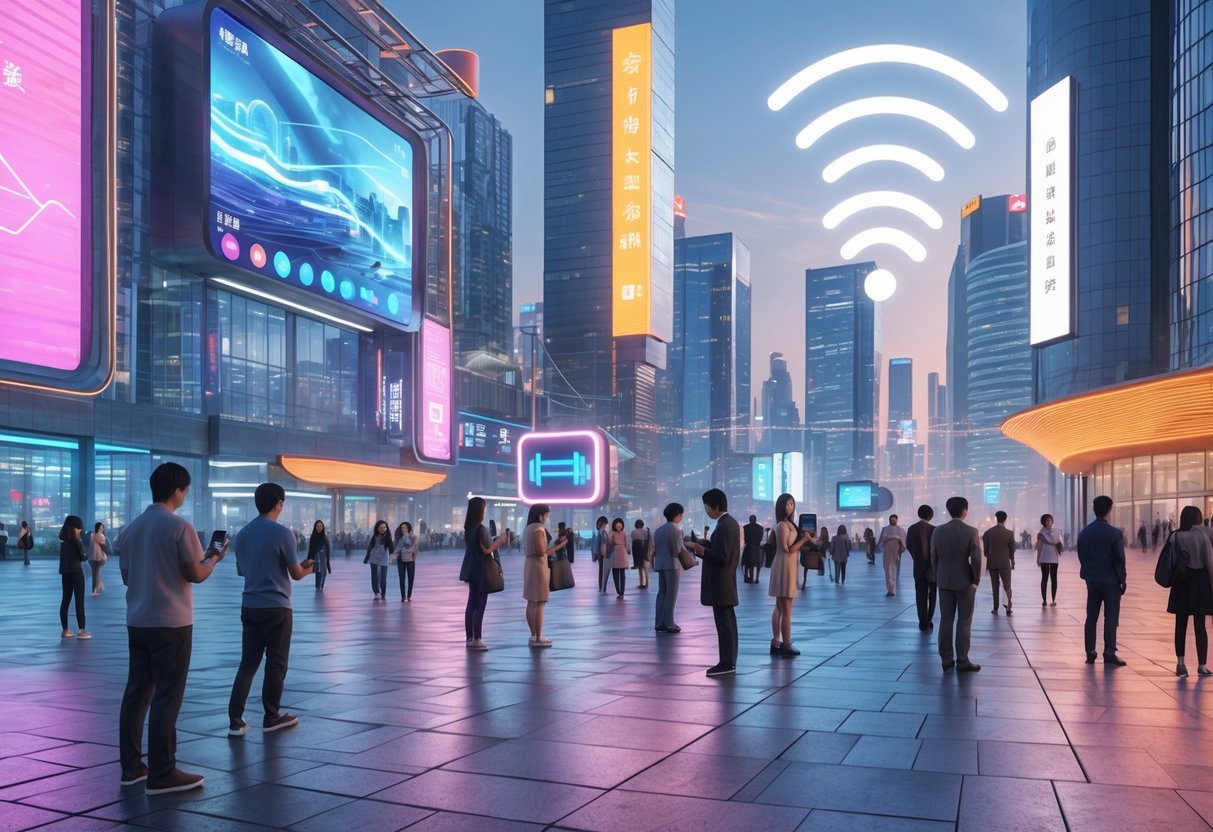 A busy city square in China with people using smartphones and tablets, surrounded by modern buildings and digital displays representing streaming media.