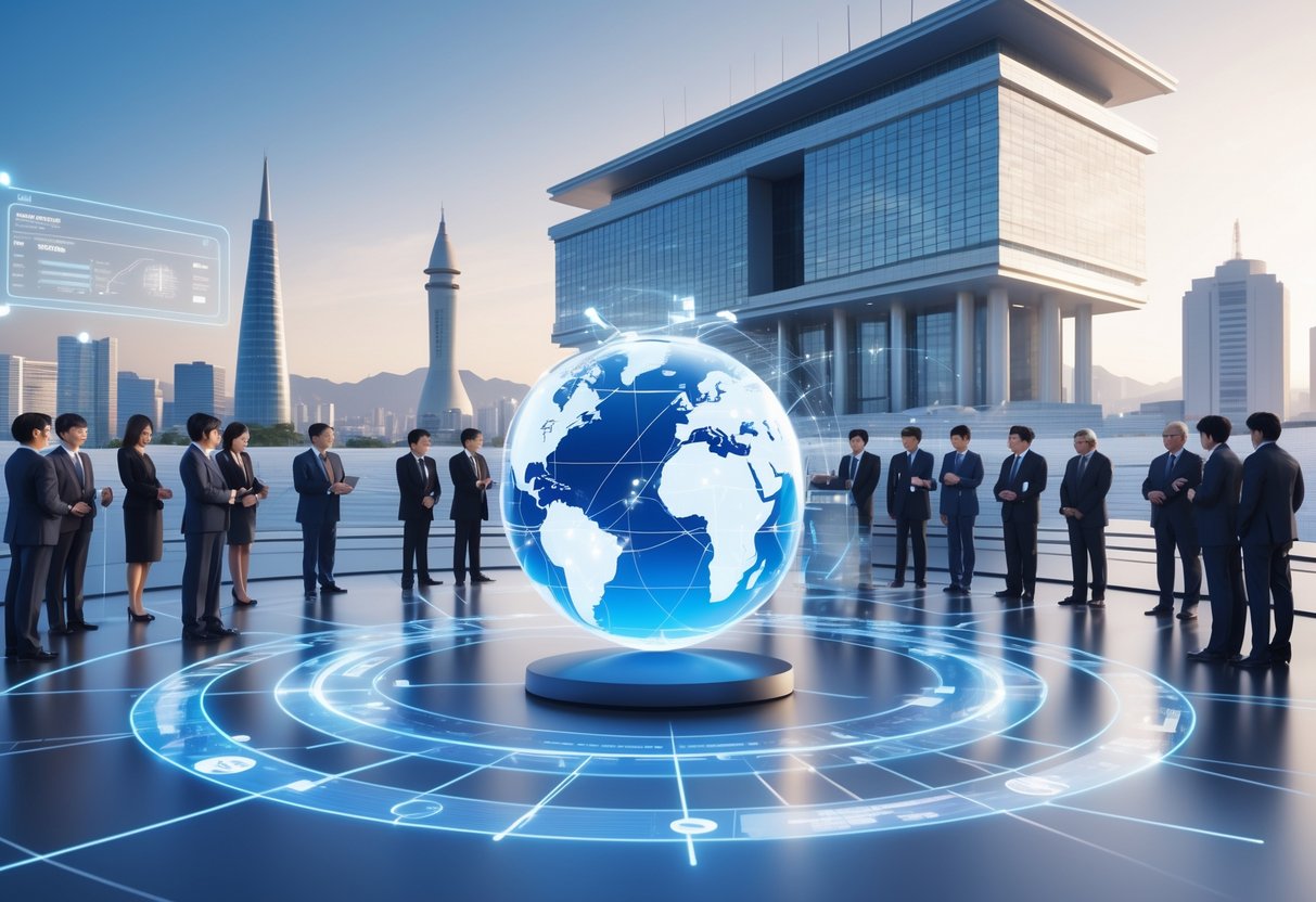 A 3D scene showing South Korea's government building with a glowing holographic globe highlighting its global diplomatic connections and international delegates engaged in discussion.