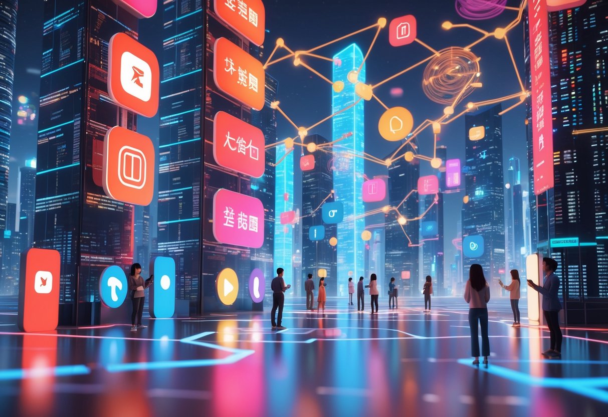 A futuristic digital cityscape with holographic screens and floating data streams representing streaming platforms and marketing opportunities, with diverse users interacting using smart devices.