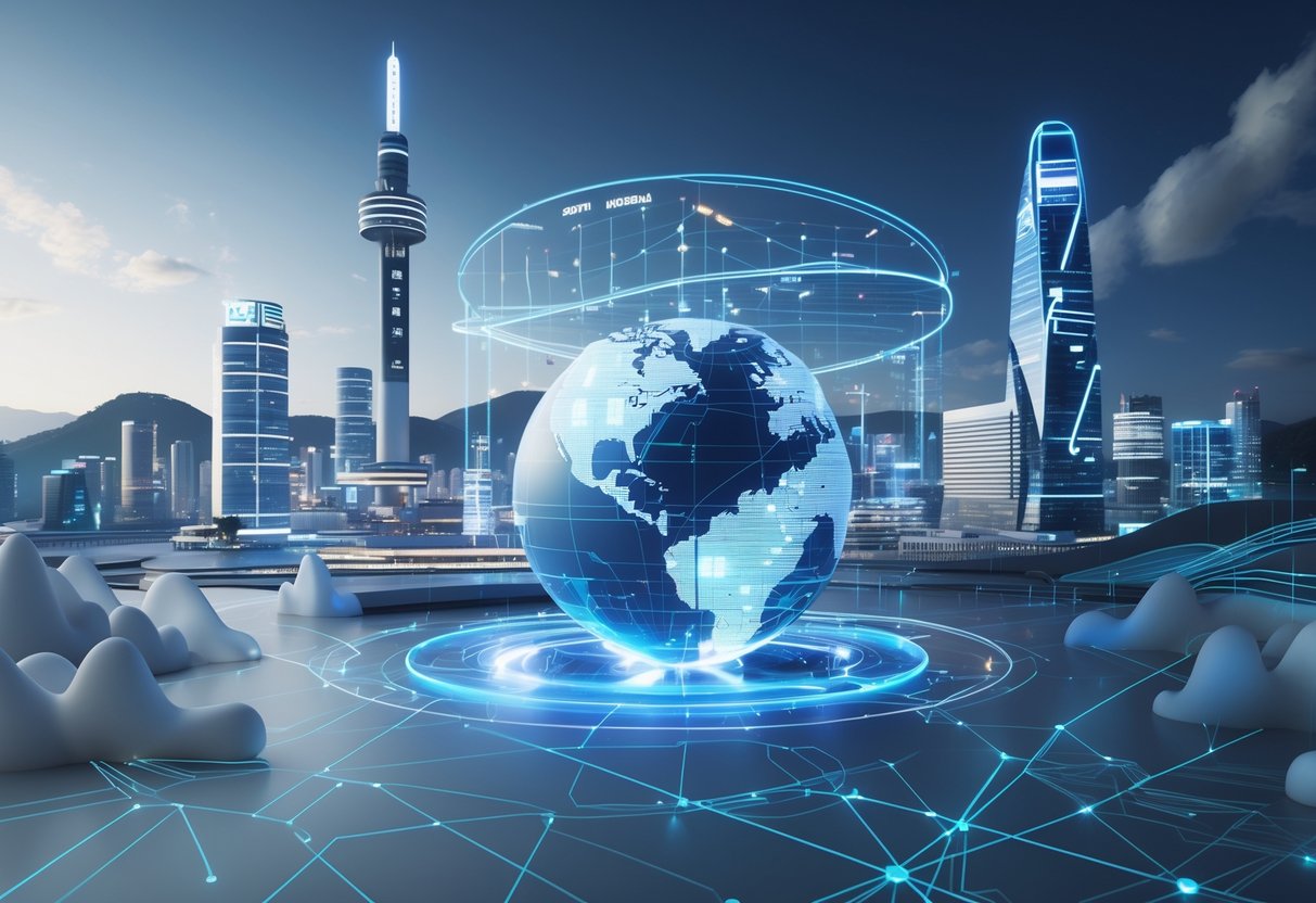 A futuristic cityscape of Seoul with digital data streams and a glowing globe highlighting South Korea, surrounded by abstract symbols of challenges like clouds and barriers.