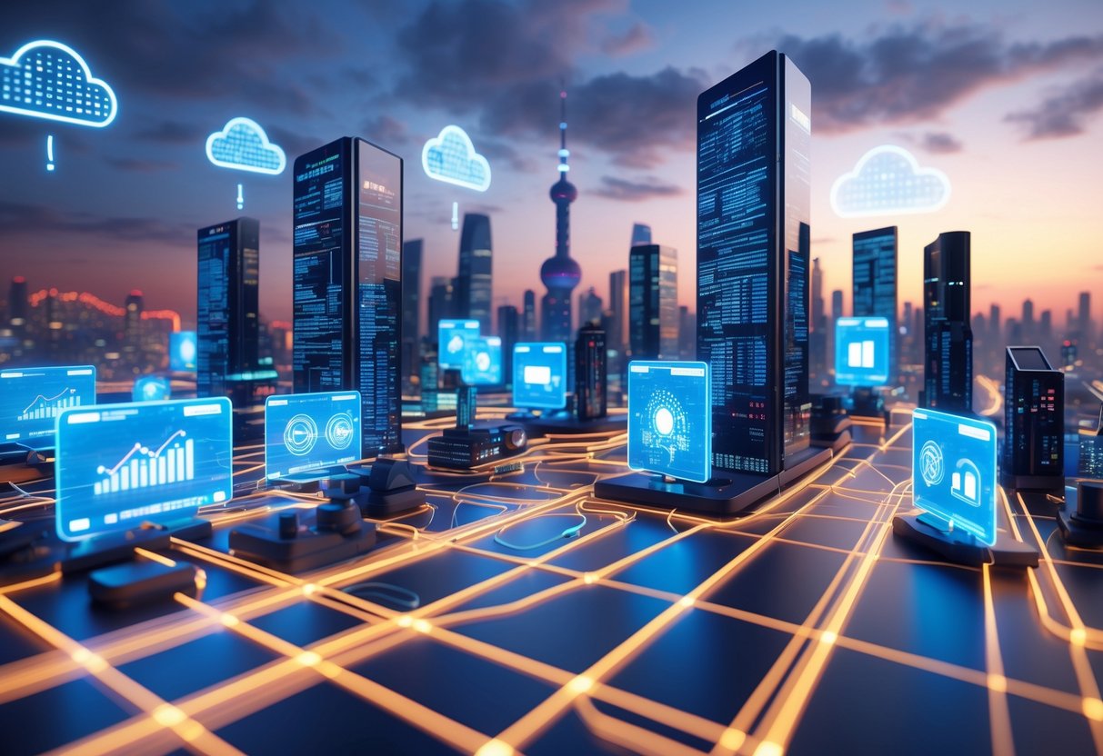 A futuristic city with skyscrapers shaped like screens and streaming devices connected by glowing data streams, blending modern technology with traditional Chinese architecture under a twilight sky.