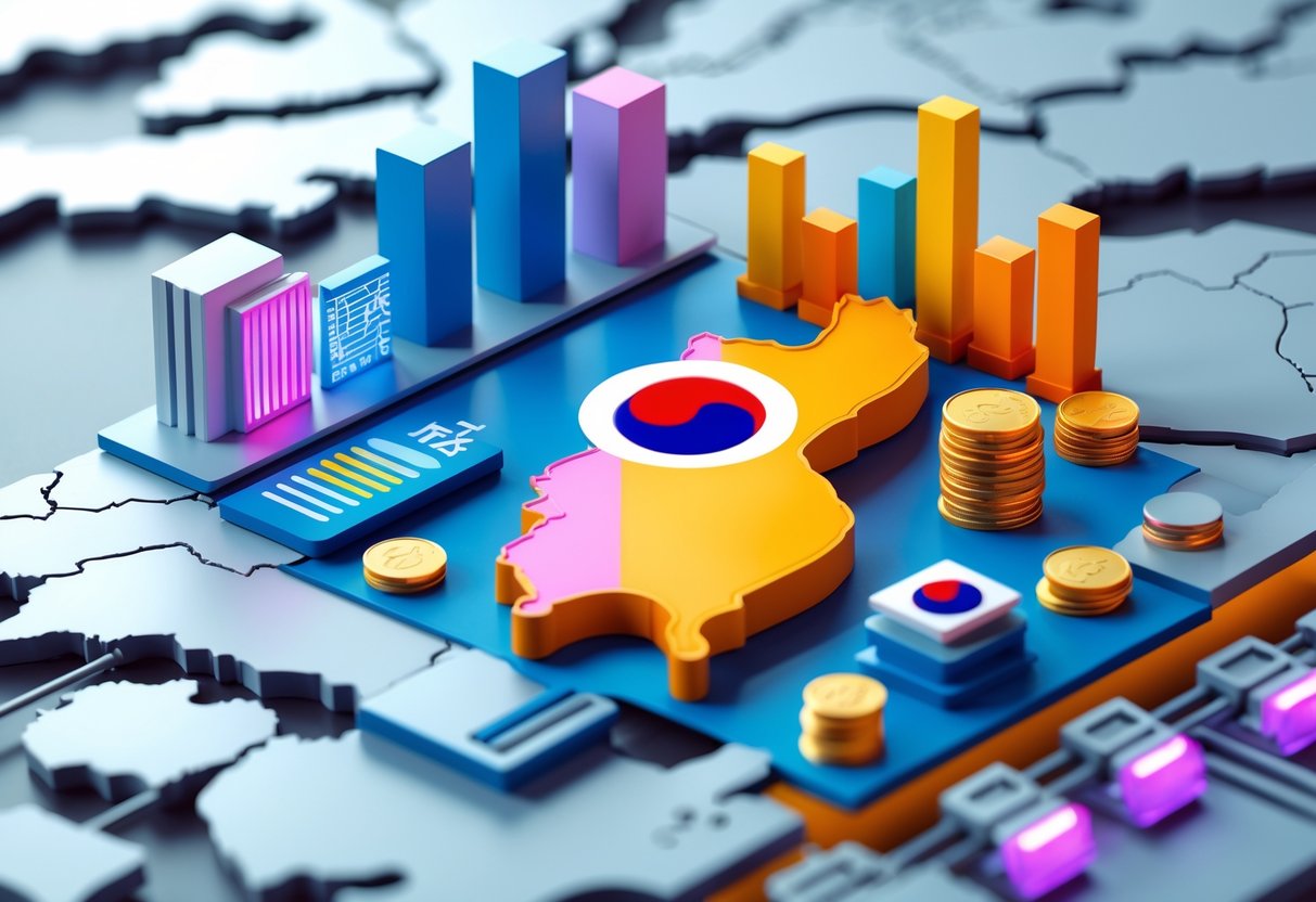 A 3D map of East Asia highlighting South Korea with icons representing technology, economy, culture, and infrastructure around it.