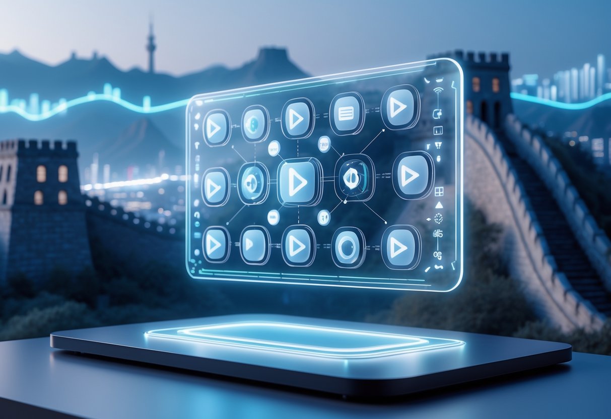 A 3D scene showing a futuristic holographic screen with streaming icons above a desk, with the Great Wall of China and a city skyline in the background.