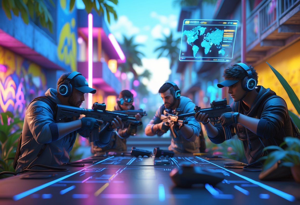 A group of gamers playing a first-person shooter game in a Brazilian urban setting with favela buildings and tropical plants in the background.