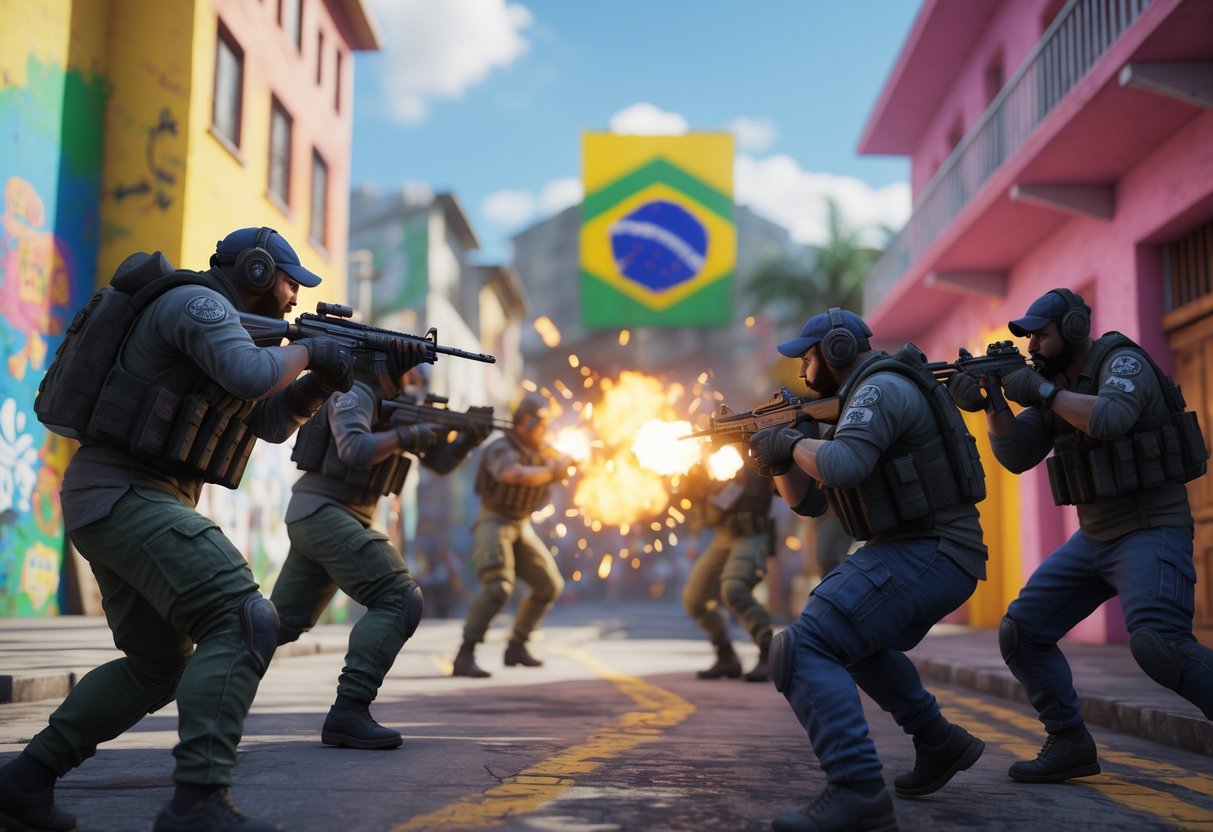 A 3D scene showing players in tactical gear engaged in a firefight in a colourful Brazilian urban setting.