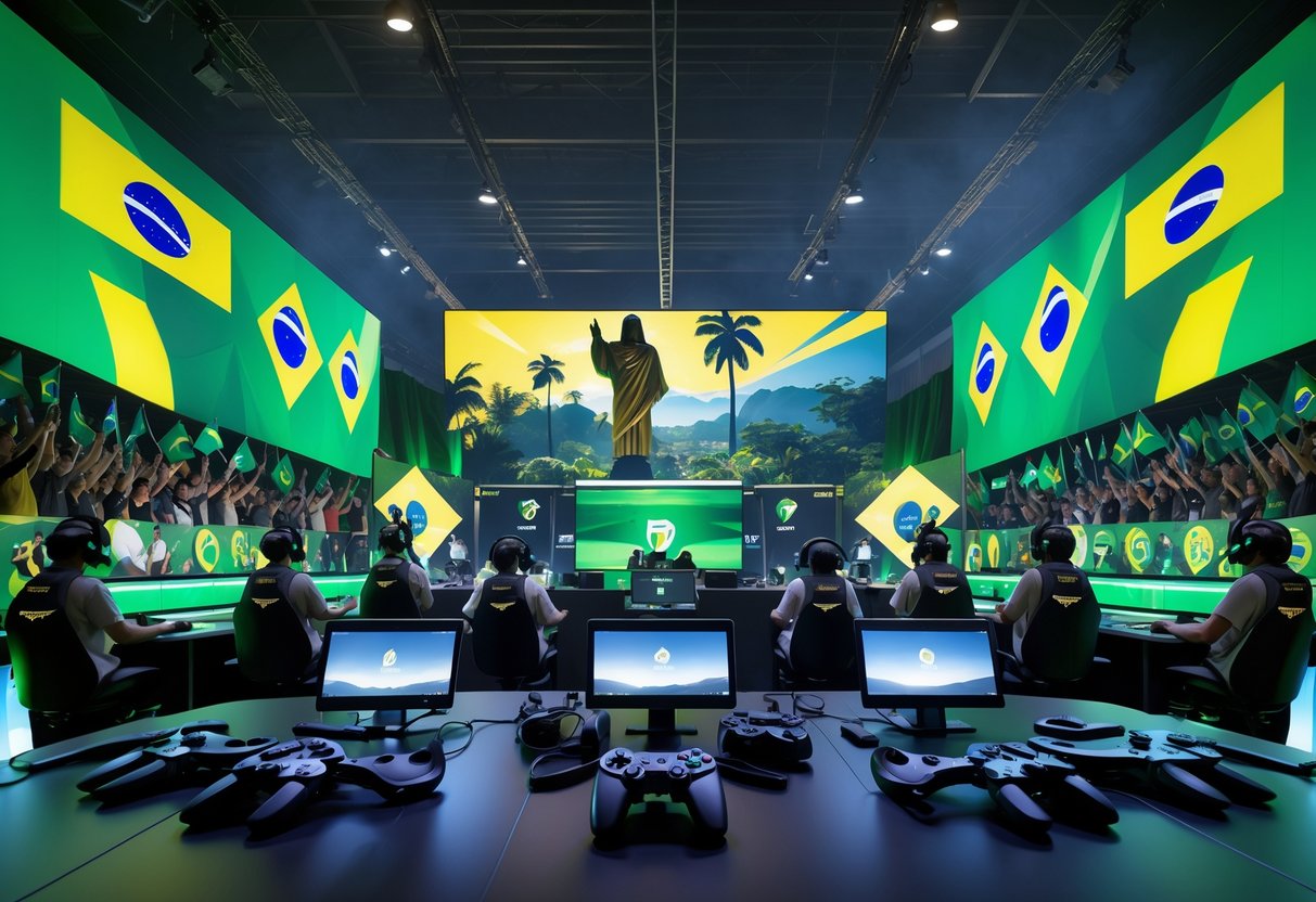 A 3D scene of an esports arena with players competing in a first-person shooter game, surrounded by Brazilian cultural symbols and fans waving Brazilian flags.