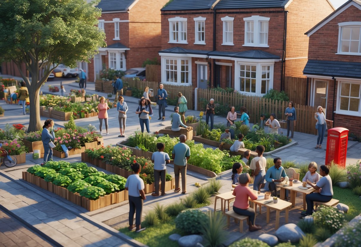 A community scene in a UK neighbourhood showing diverse people working together in gardens and markets, symbolising cooperation and development.