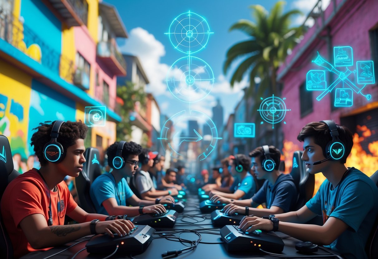 A group of young gamers playing first-person shooter games in a colourful Brazilian urban setting with favela buildings and street art.