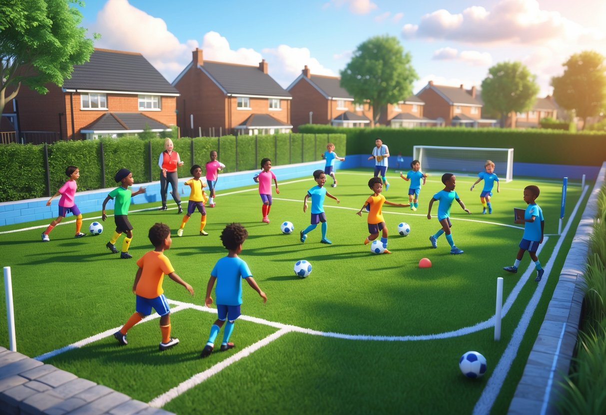 Children and teenagers playing football on a local UK pitch with coaches and parents watching on a sunny day.
