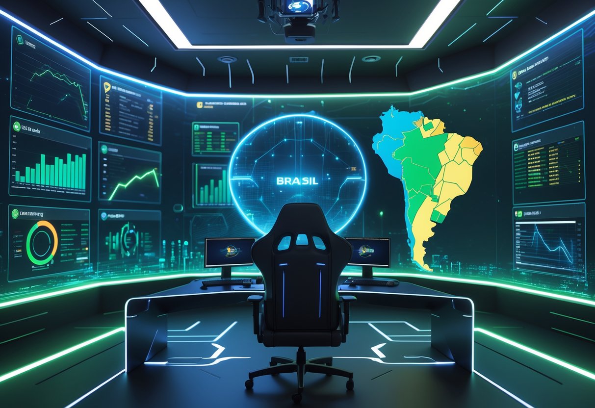 A futuristic control room with holographic screens showing gaming data and a glowing digital map of Brazil highlighting esports hubs.