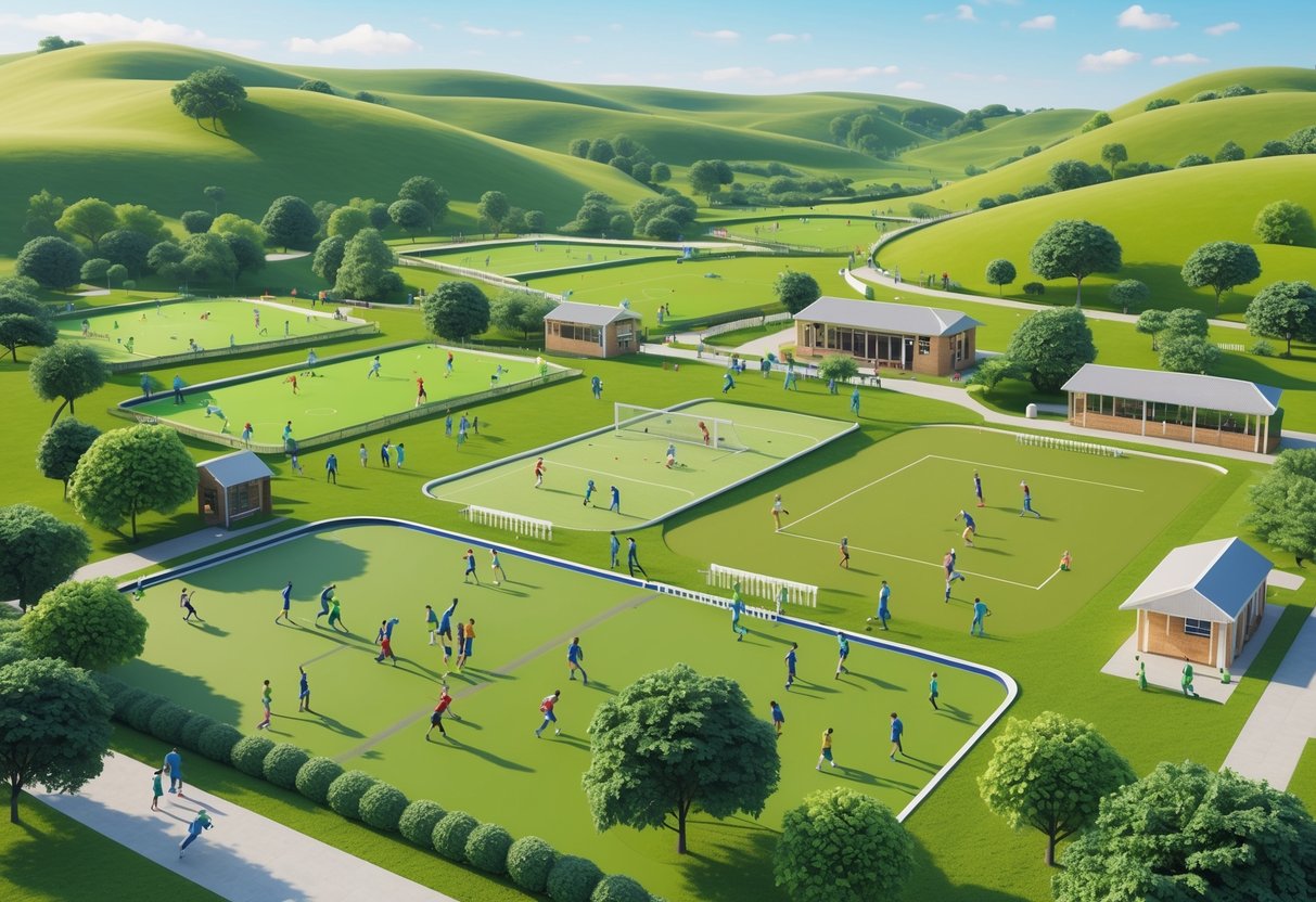 Wide green landscape with children and adults playing various sports on multiple fields surrounded by trees and small buildings.