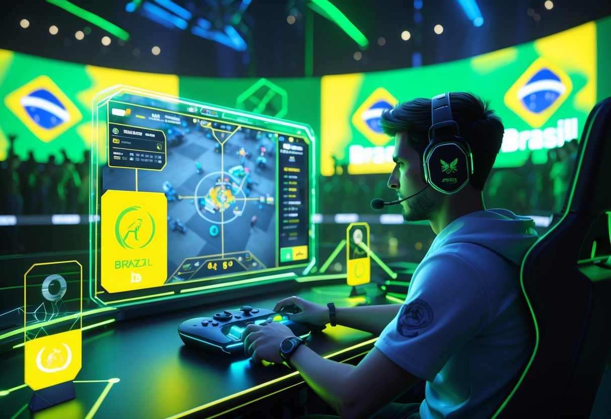 A focused esports player in a gaming arena surrounded by screens showing FPS gameplay and Brazilian national colours.