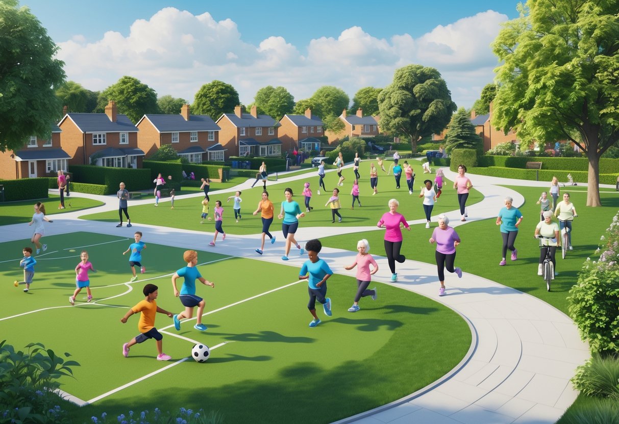 A community park in the UK with people of all ages playing football, jogging, cycling, and exercising outdoors surrounded by houses and trees.