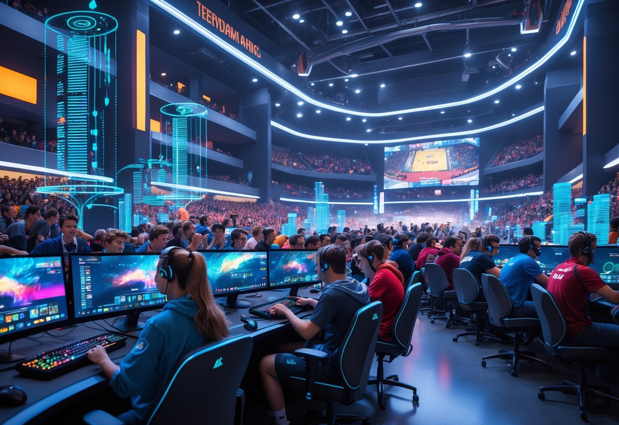A futuristic university campus with students playing esports at gaming stations, surrounded by digital holograms and an esports arena with cheering crowds in the background.