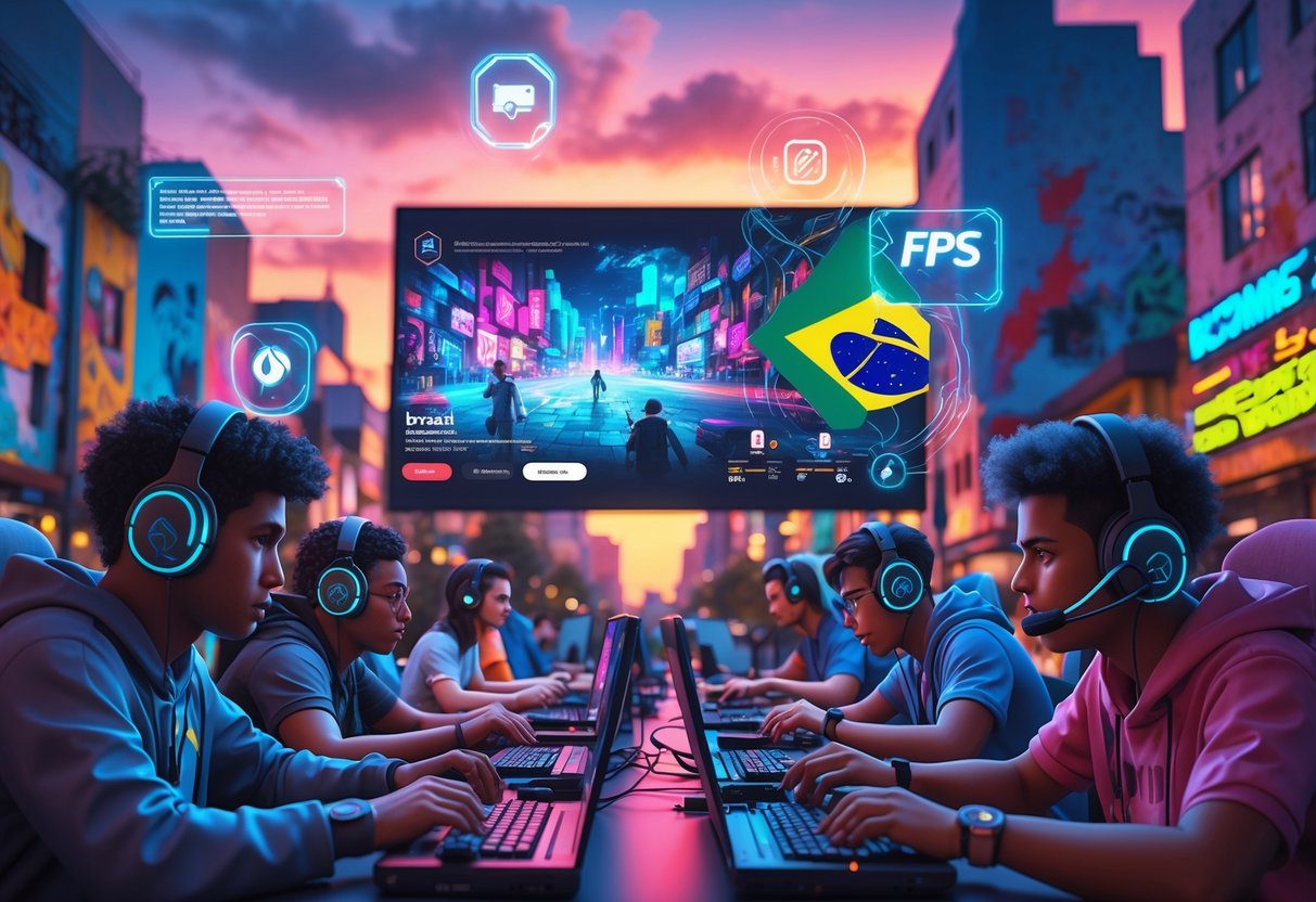 A group of young gamers playing FPS games in a vibrant Brazilian city with street art and digital screens showing gaming elements around them.
