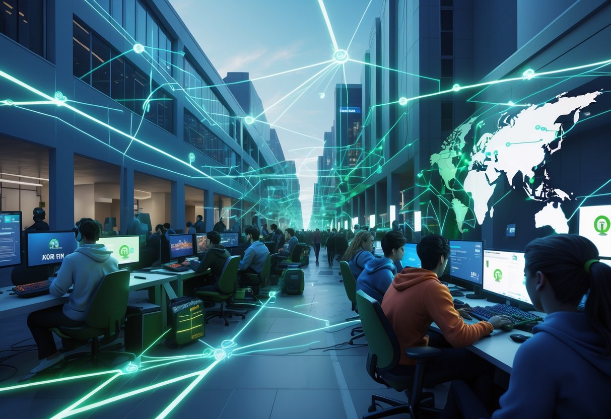 A modern university campus with students using gaming equipment and laptops, connected by glowing digital network lines representing technology and collaboration.