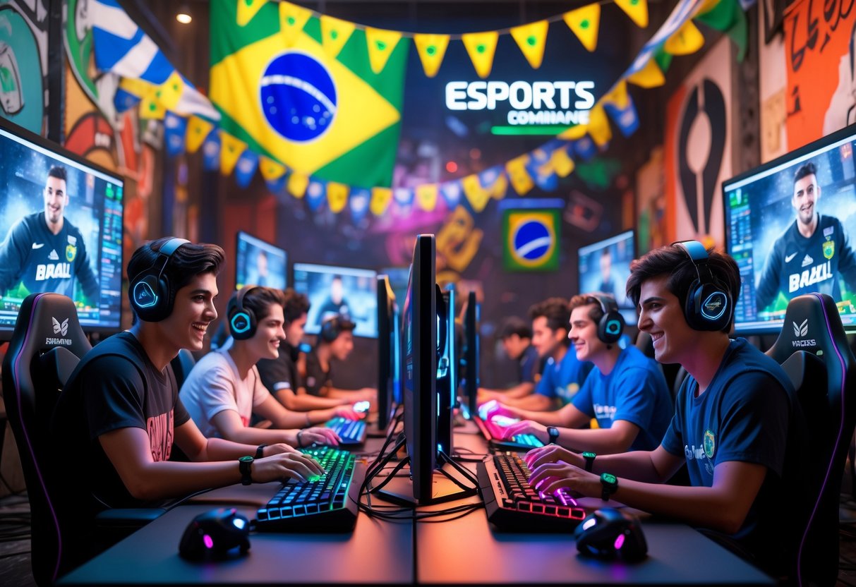 A group of young people playing competitive FPS games together in an outdoor urban setting decorated with Brazilian flags and esports imagery.