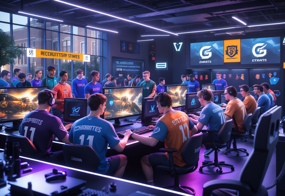 A busy collegiate esports arena with players competing on gaming PCs, recruiters talking to students, and large screens showing game action.