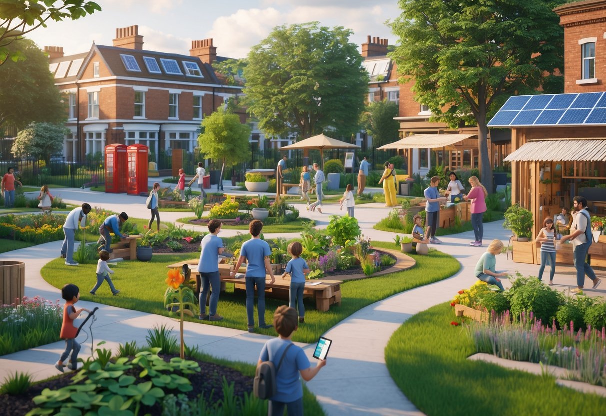 A community gathering in a UK park where people of different ages work together planting trees, running market stalls, and sharing ideas.