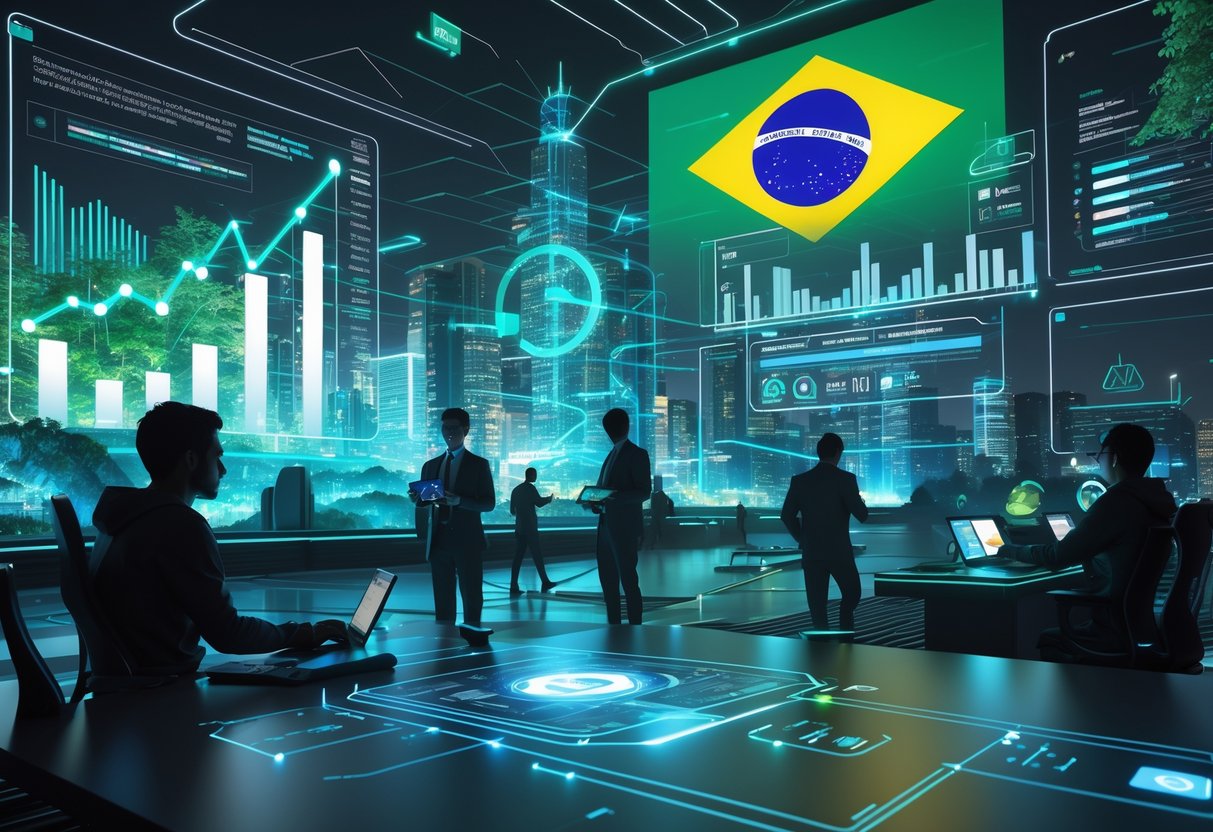 A futuristic Brazilian city with holographic data and people interacting with augmented reality, surrounded by rainforest elements.