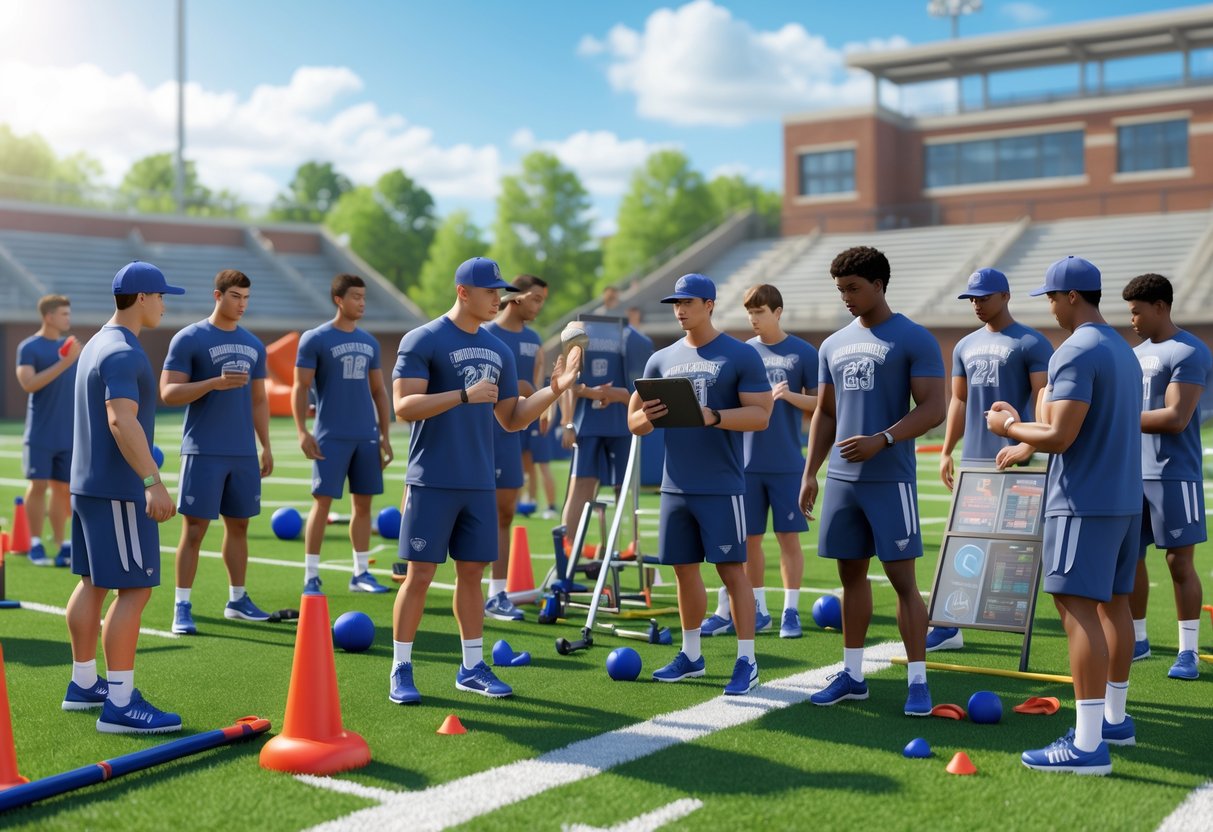 A group of young collegiate athletes training on a sports field with coaches guiding them during practice.