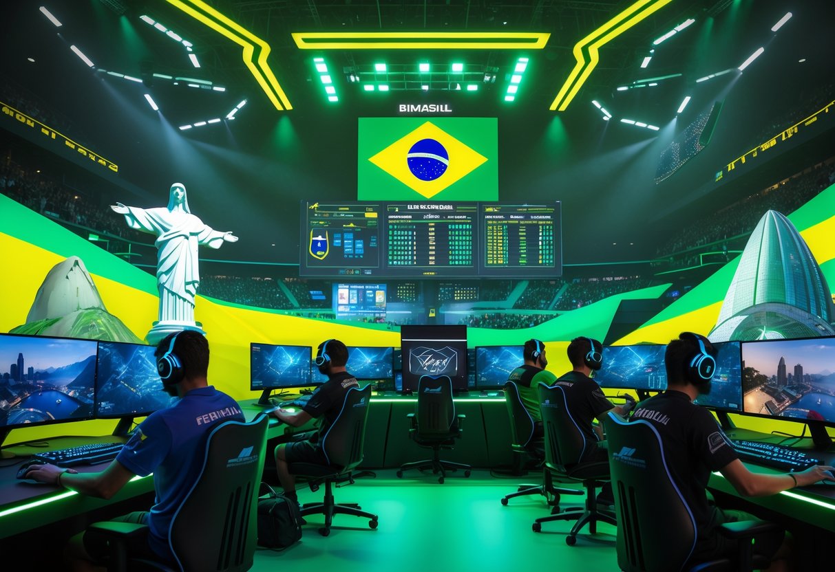 A group of Brazilian esports players competing intensely in a vibrant arena with Brazilian landmarks visible in the background and a cheering crowd around them.